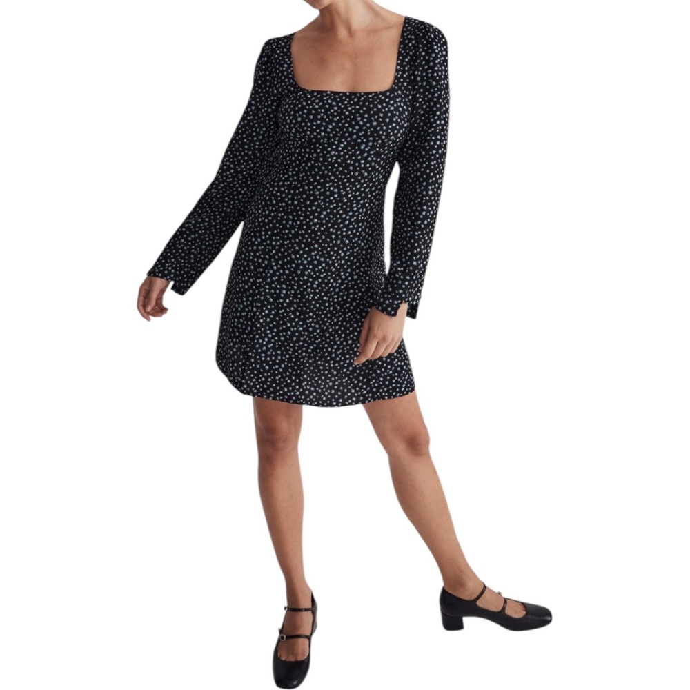Madewell Black Blue Ditsy Floral Square Neck Long Sleeve Mini Dress Size 16W